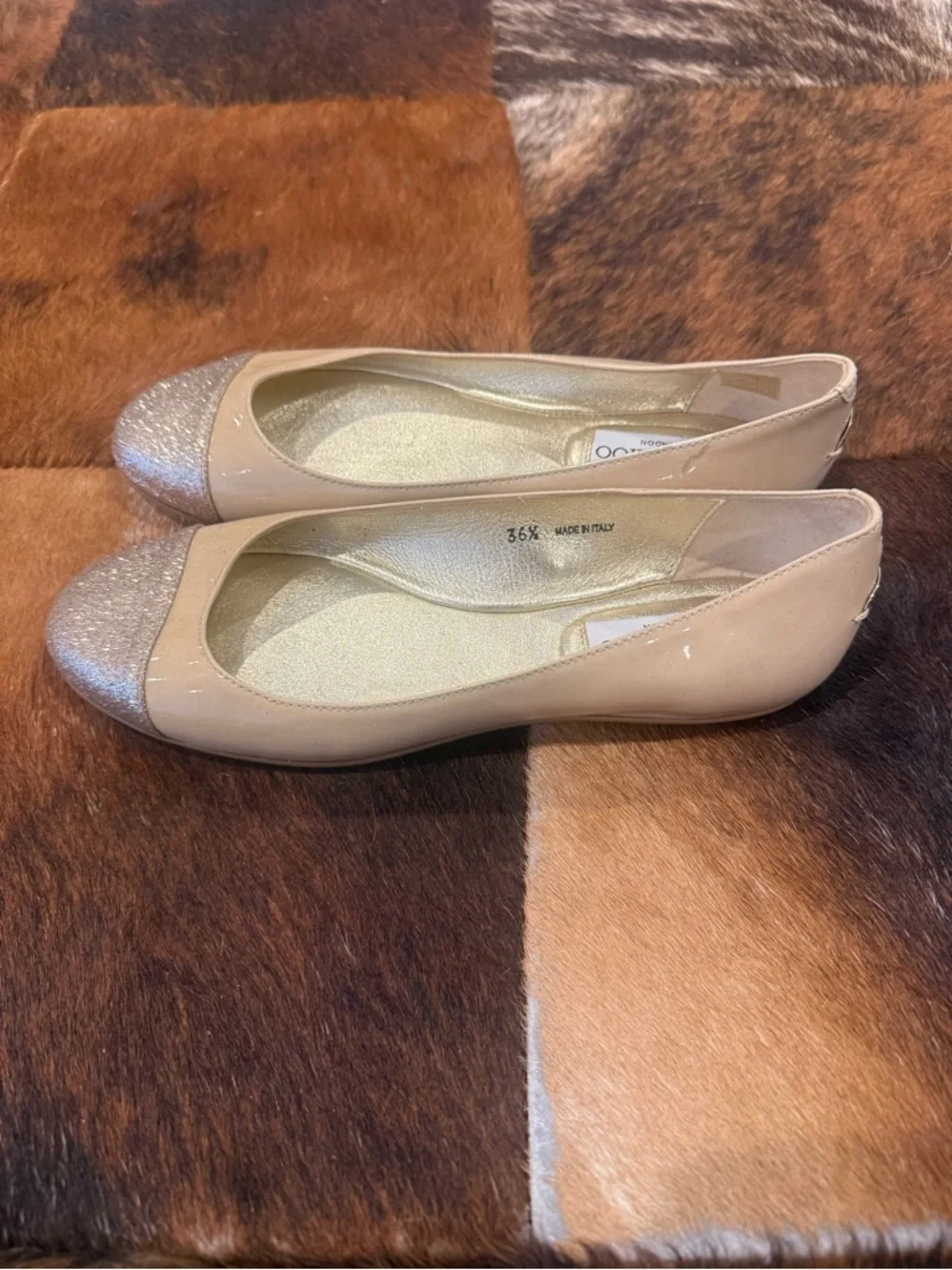 JIMMY CHOO Beige Patent Leather Glitter-Toe Whirl Flats